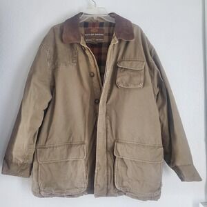 Vtg GAP Jacket Men‎ L Brown Out-Of-Doors Plaid Lined Canvas Leather Collar Barn